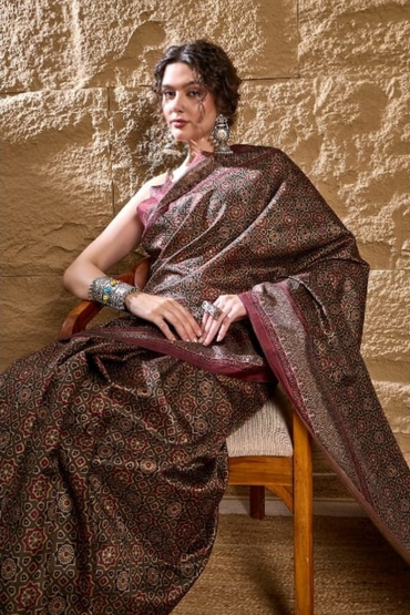 Hosita Brown printed Dolphin Silk Saree