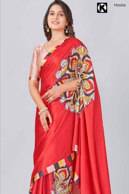 Hosita Classic Red Mandalaa Print Freehand Designer Saree