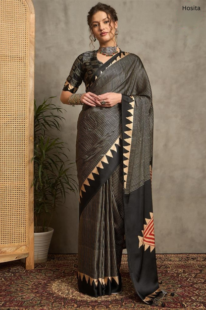Noor E Ajrak Black Printed Gali Silk saree