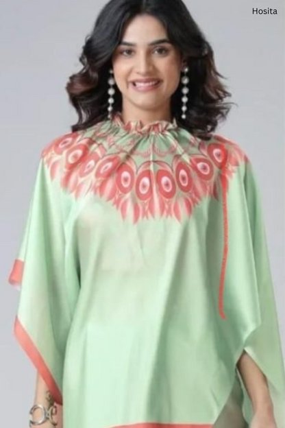 Hosita Parrot Green with Orange Print Freehand Pattern Saree