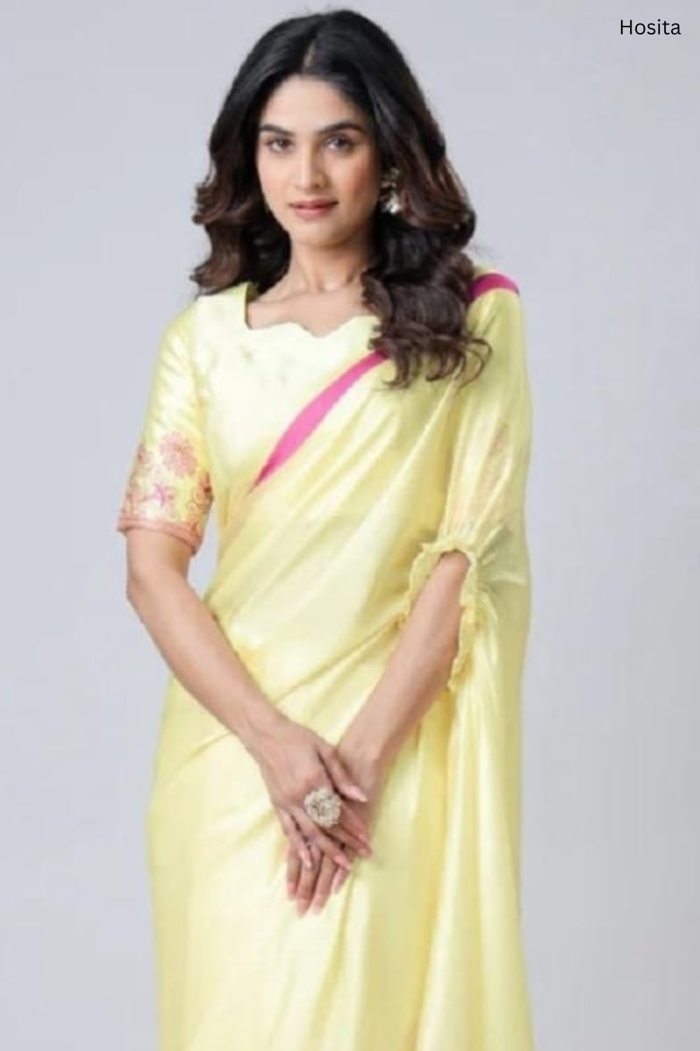 Hosita Lemon Yellow with magenta Line Handsfree Designer Saree