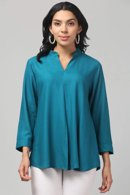 Hosita Royal, Ice Blue and Purple Rayon Pleated Top