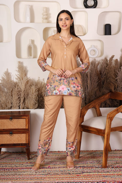 Beige Floral Embroidered Co-ord Set – Summer Bloom Edition