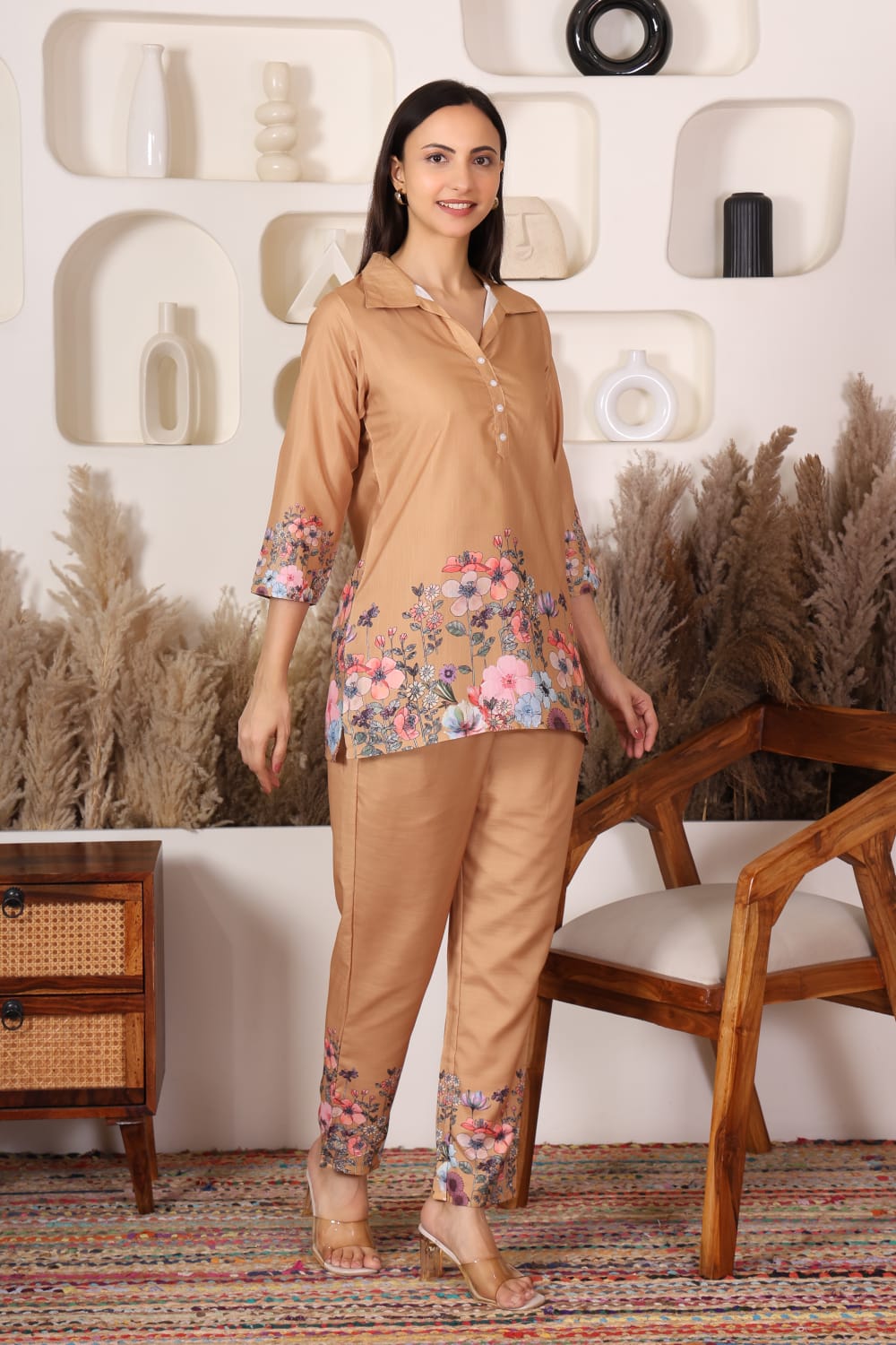 Beige Floral Embroidered Co-ord Set – Summer Bloom Edition