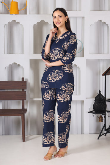 Oxford blue Flower Pattern Cotton Co-Ord Set