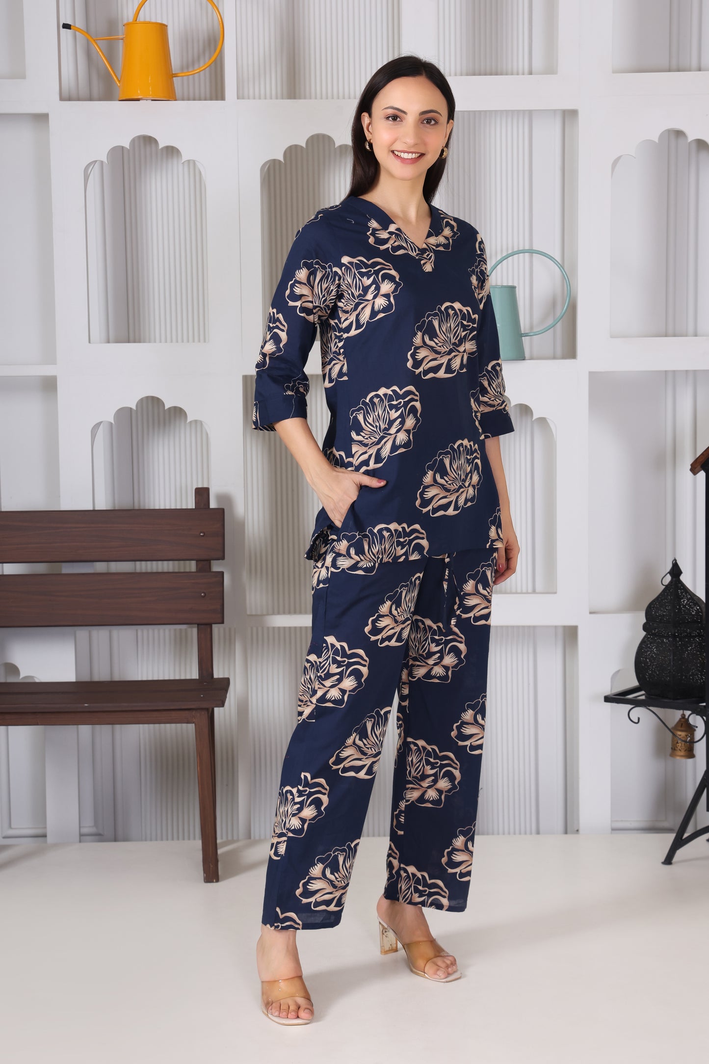 Oxford blue Flower Pattern Cotton Co-Ord Set