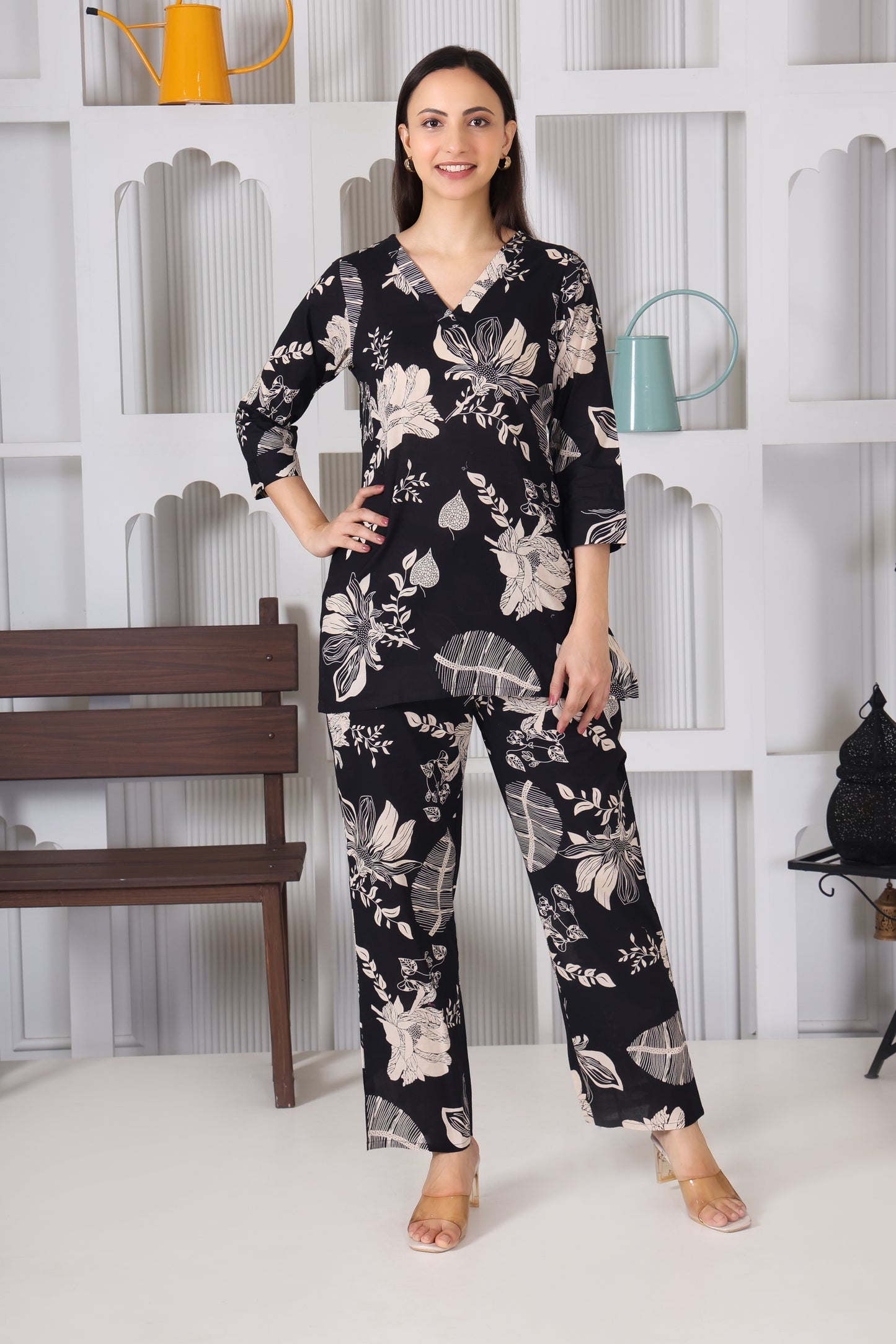 Black Leaf Printed Cotton Co-Ord Set