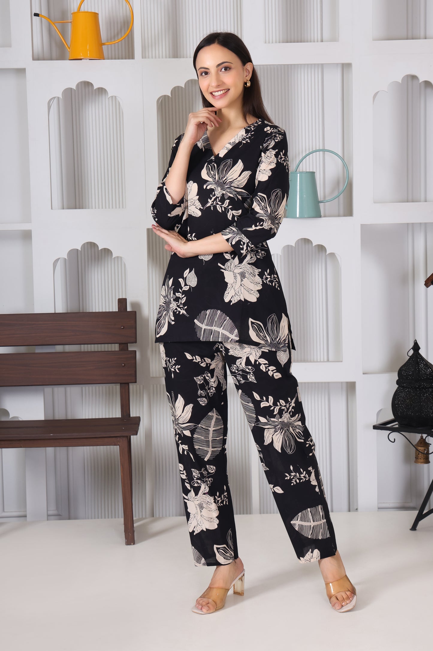 Black Leaf Printed Cotton Co-Ord Set