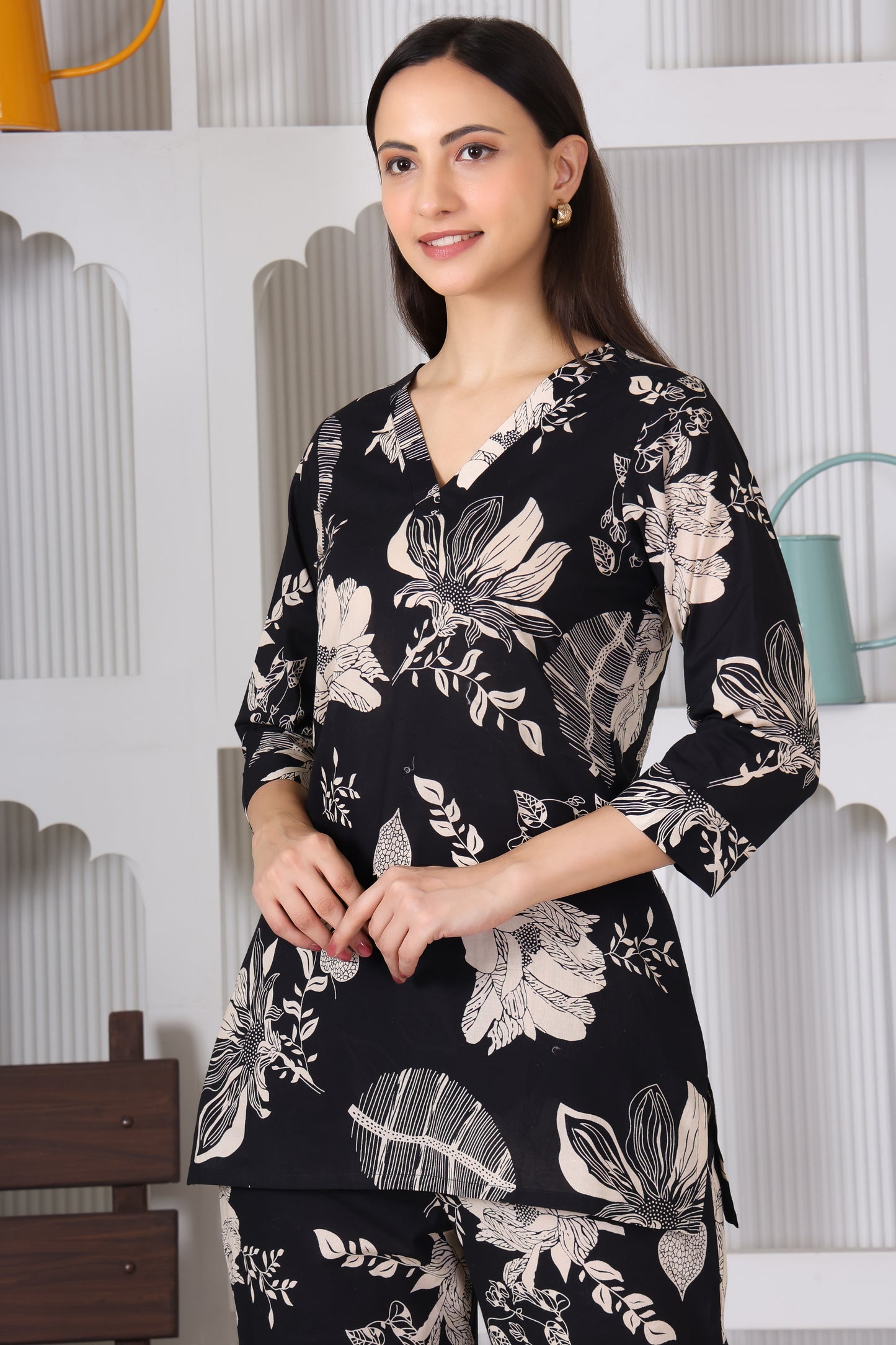 Black Leaf Printed Cotton Co-Ord Set