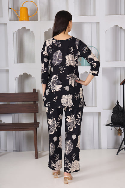Black Leaf Printed Cotton Co-Ord Set