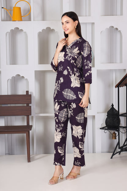 Hosita Violet Leaf Printed Cotton Co-Ord Set
