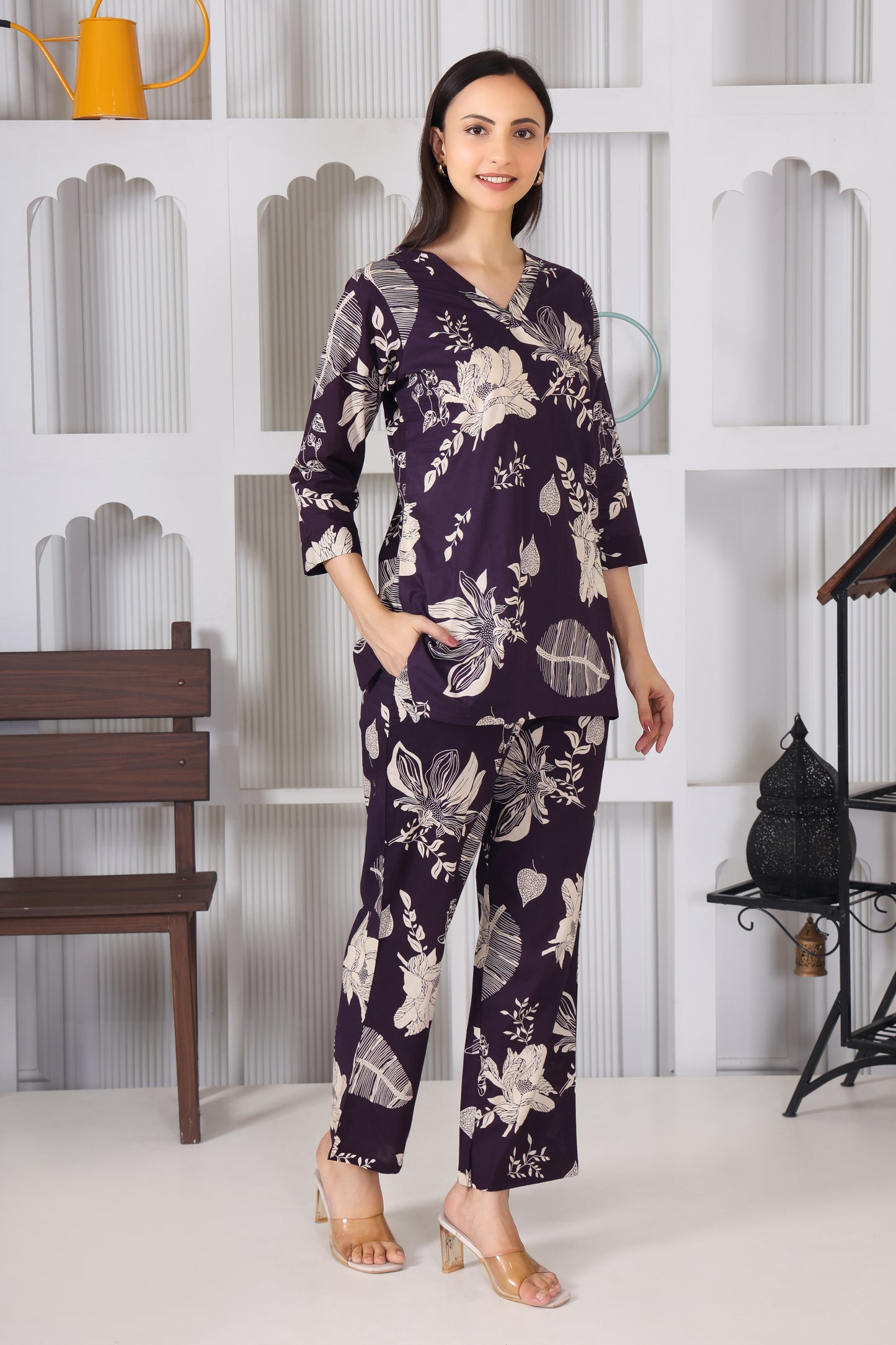 Hosita Violet Leaf Printed Cotton Co-Ord Set