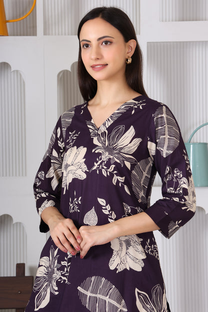 Hosita Violet Leaf Printed Cotton Co-Ord Set