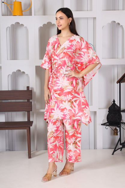 Hosita Magenta White Base Kaftan Co Ord Set
