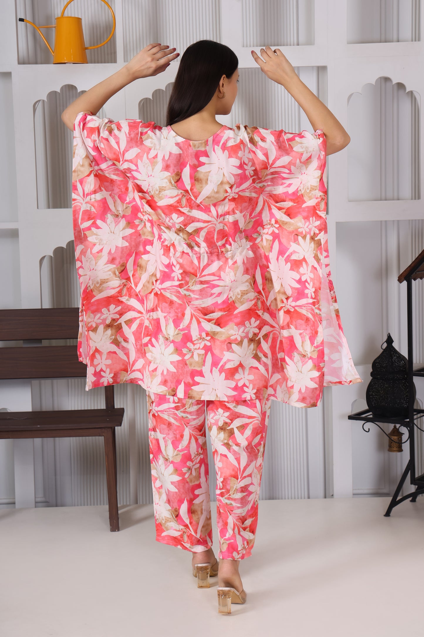 Hosita Magenta White Base Kaftan Co Ord Set
