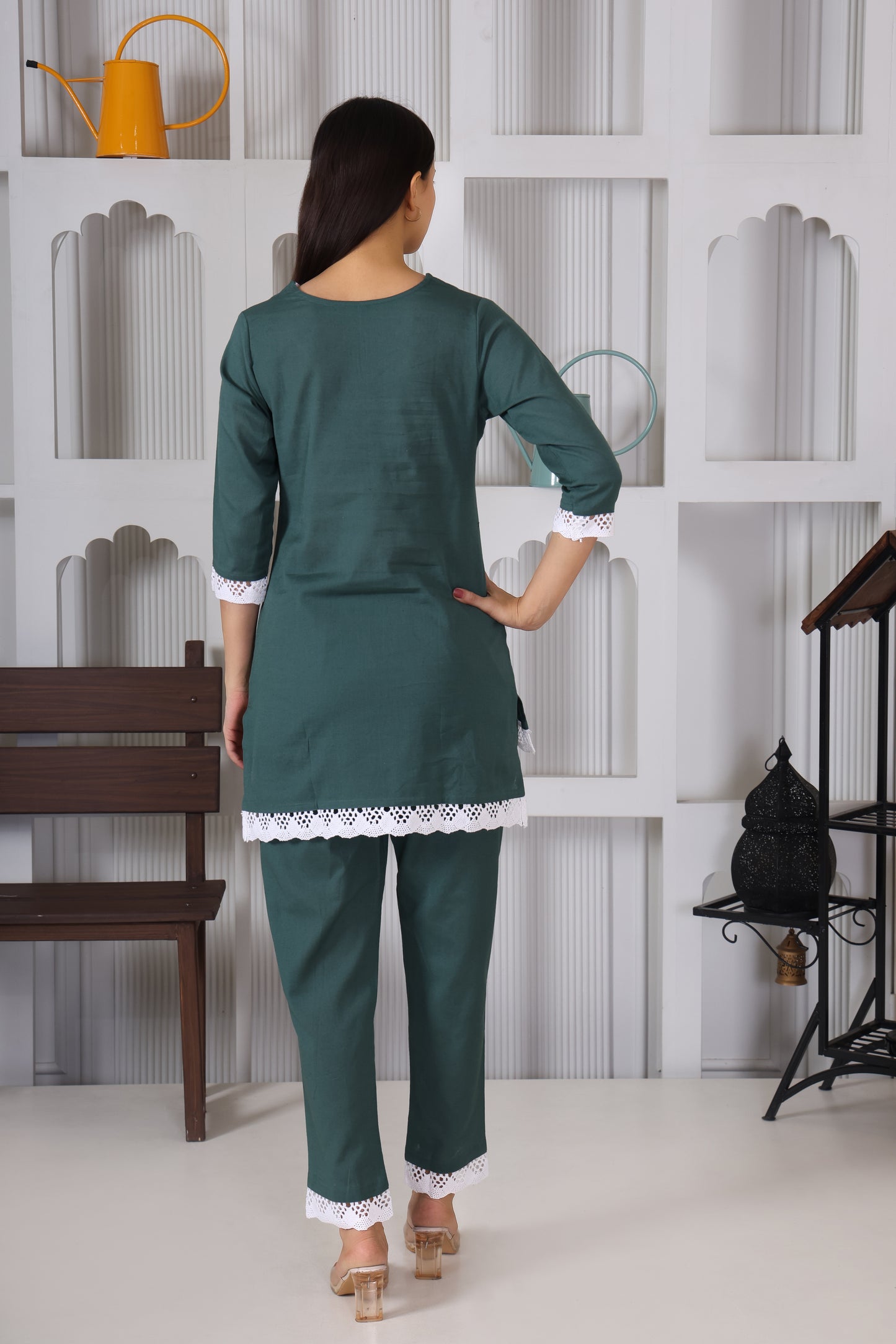 Airport Look Bottle Green Lace Embroidery Co-Ord Set