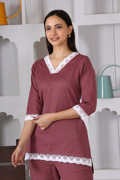 Hosita Maroon Cotton Co Ord with Lace Embroidery