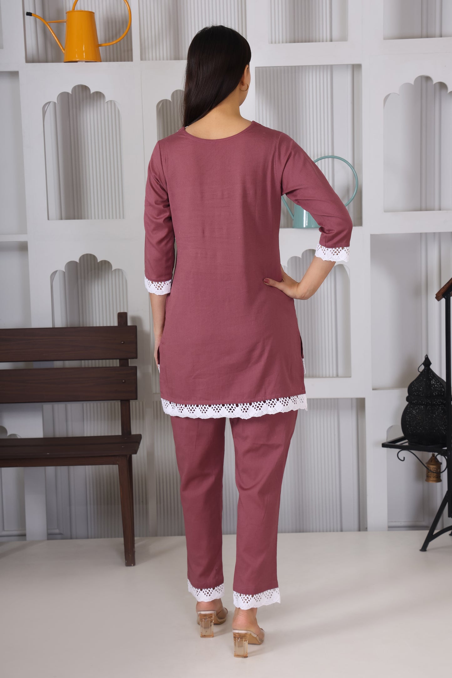 Hosita Maroon Cotton Co Ord with Lace Embroidery