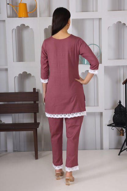 Hosita Maroon Cotton Co Ord with Lace Embroidery