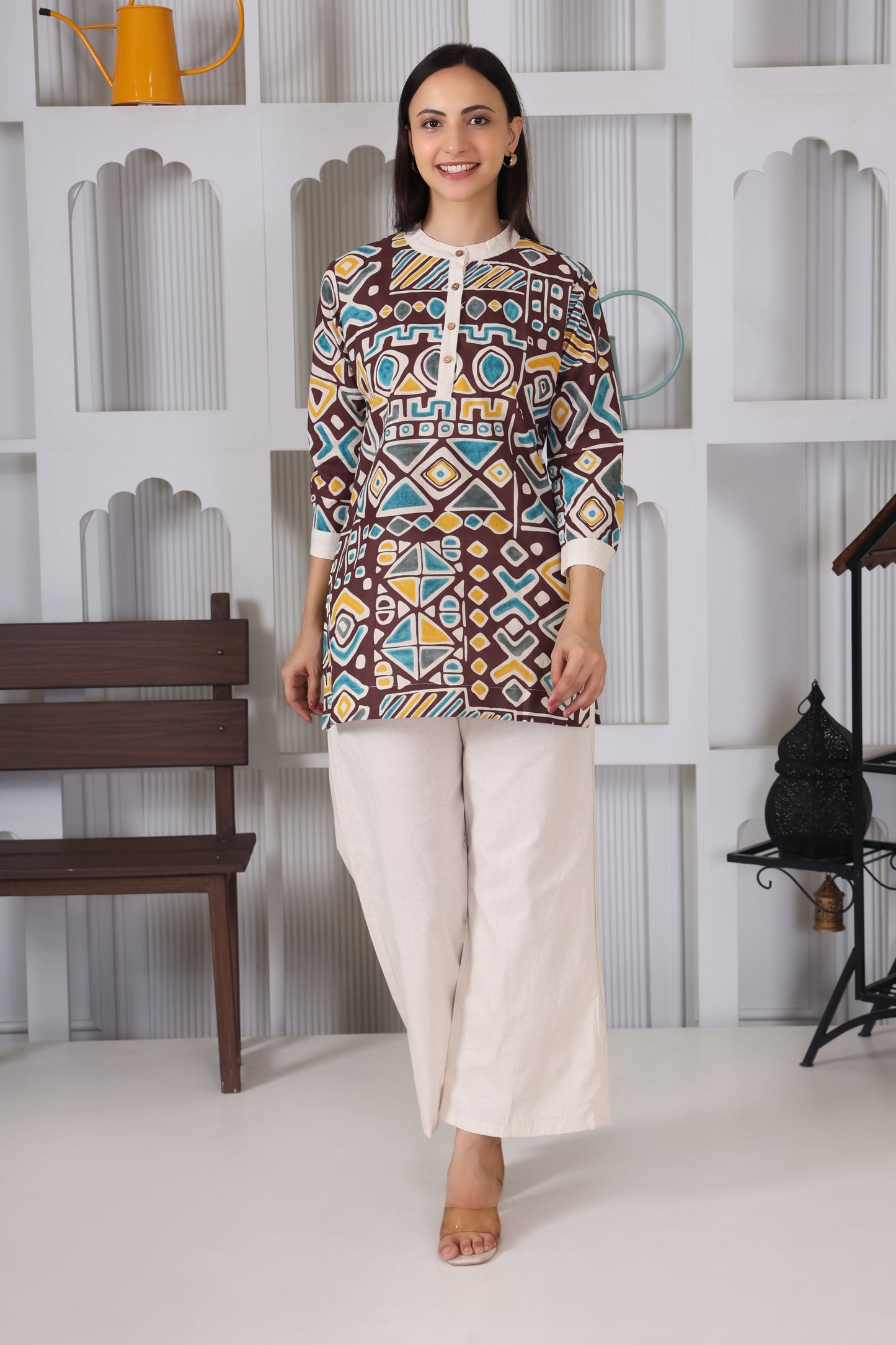 Hosita Brown With Tribal Print Cotton Co-ord Set – Bold Geometry