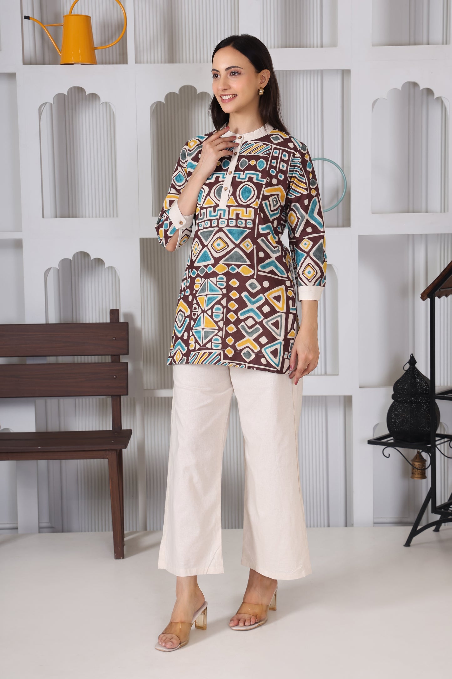 Hosita Brown With Tribal Print Cotton Co-ord Set – Bold Geometry