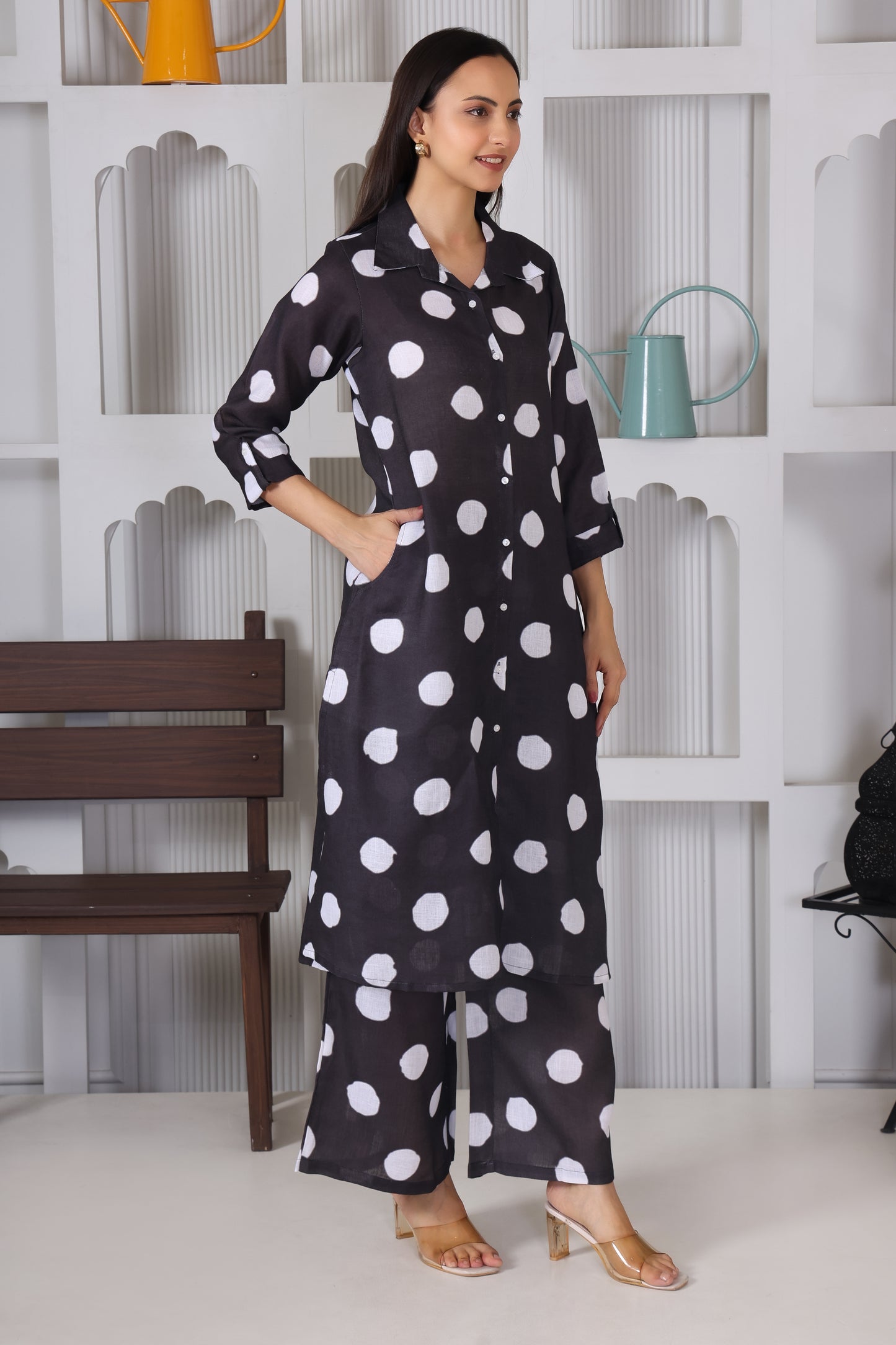 Black White Polka Dots Printed Long Co-Ord Set