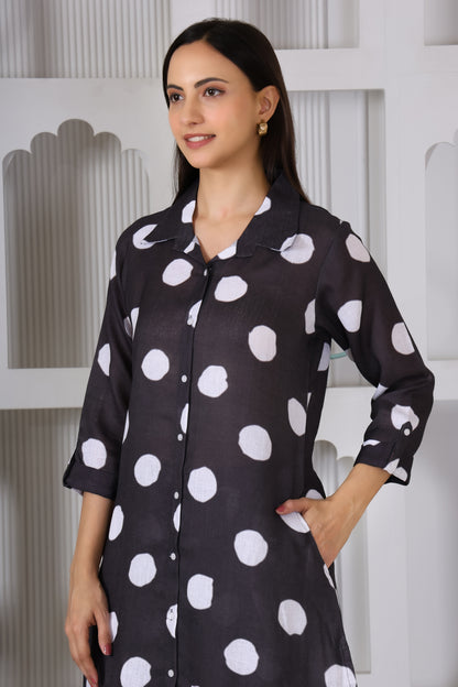 Black White Polka Dots Printed Long Co-Ord Set