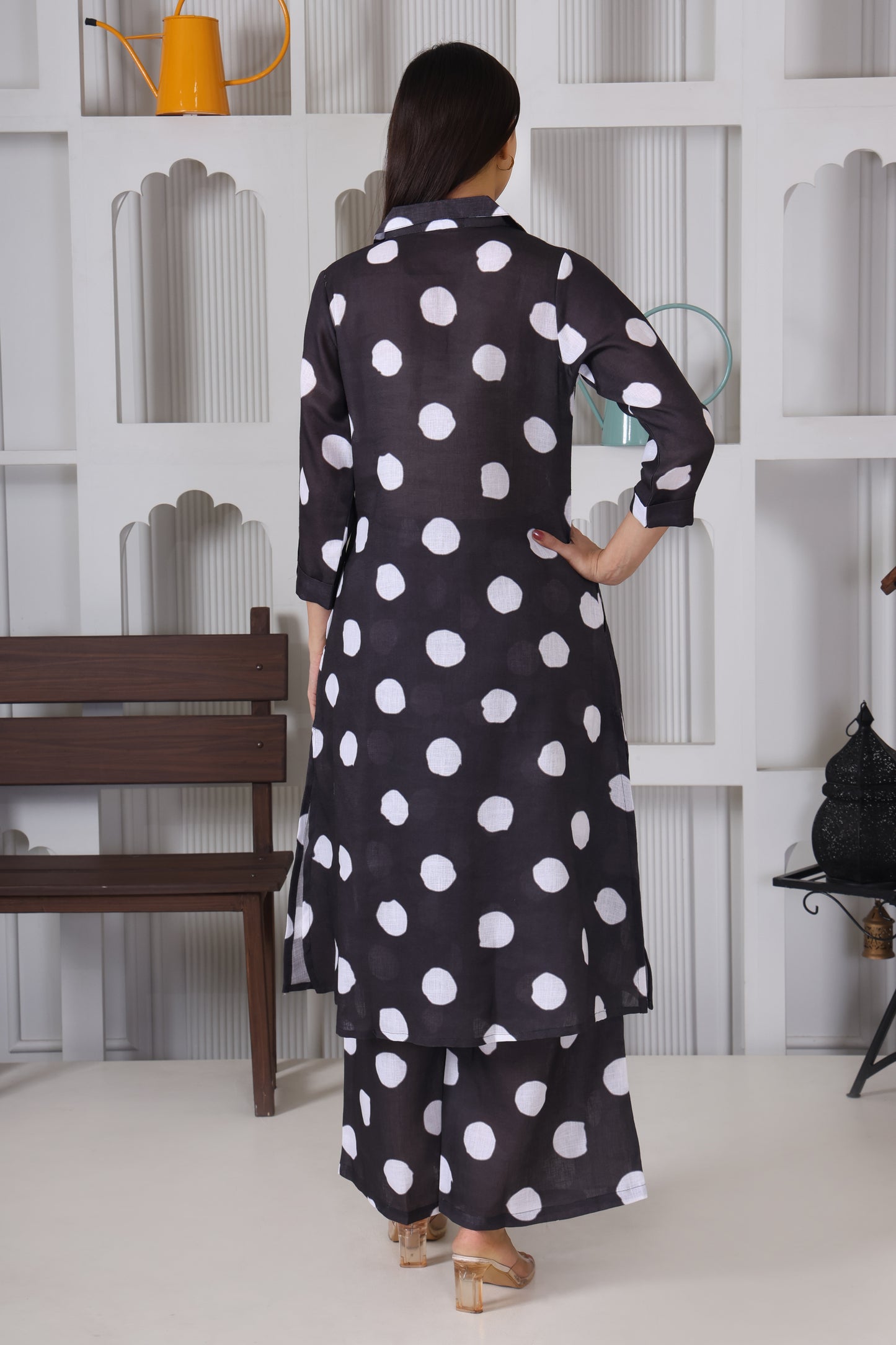 Black White Polka Dots Printed Long Co-Ord Set