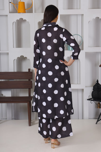 Black White Polka Dots Printed Long Co-Ord Set