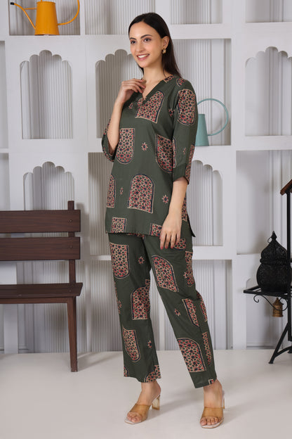 Green Block Printed Co-Ord Set – Summer Bloom Edition