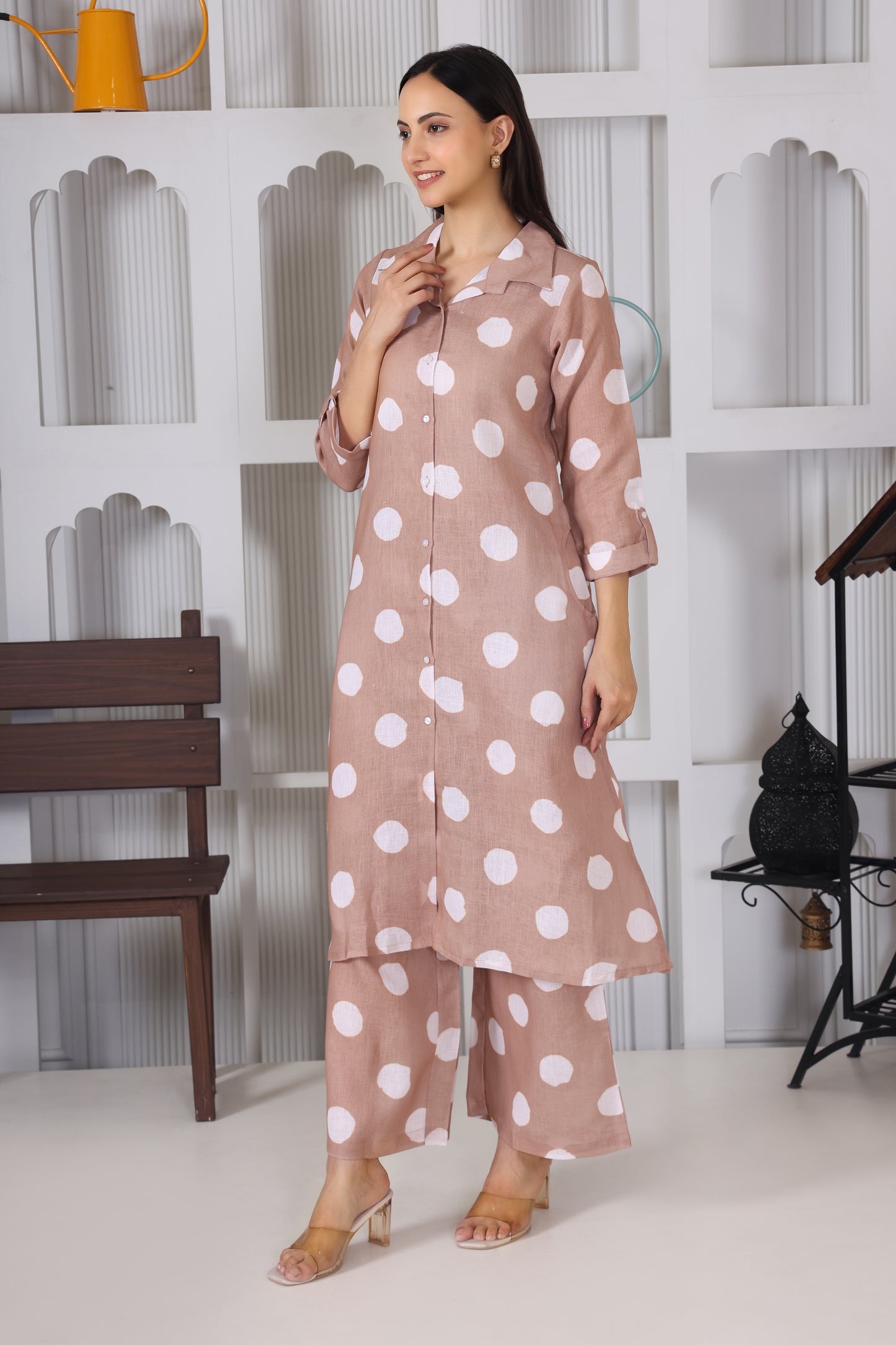Hosita Brown White Polka Dots Printed Long Co-Ord Set