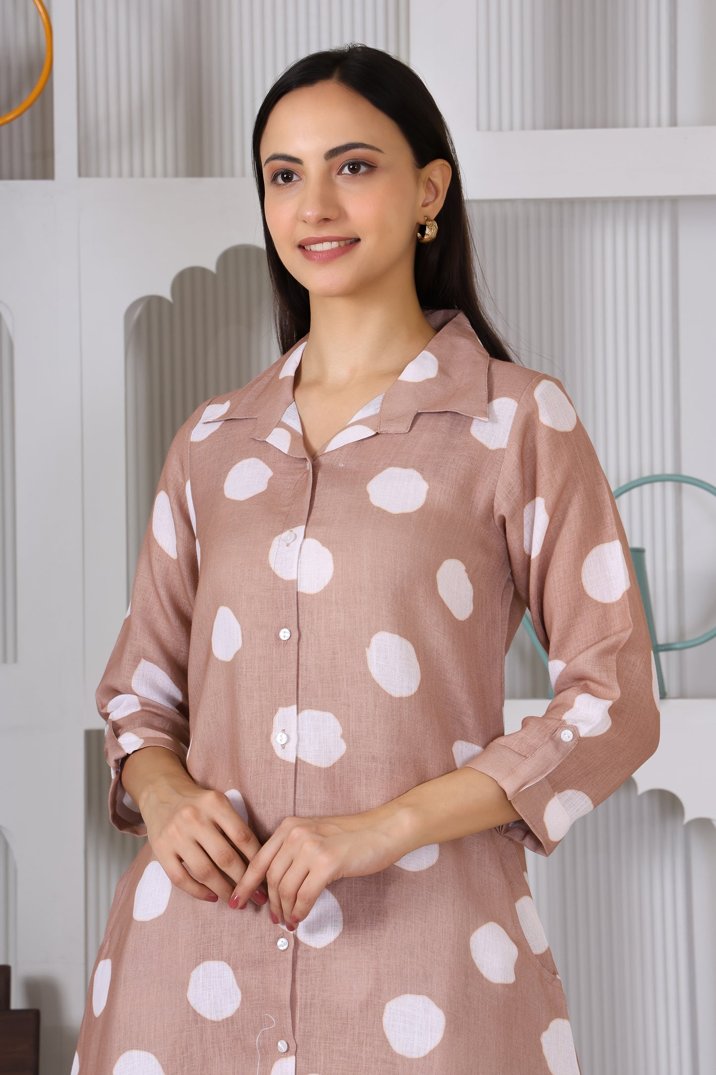 Hosita Brown White Polka Dots Printed Long Co-Ord Set