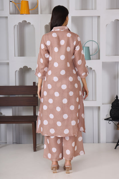 Hosita Brown White Polka Dots Printed Long Co-Ord Set