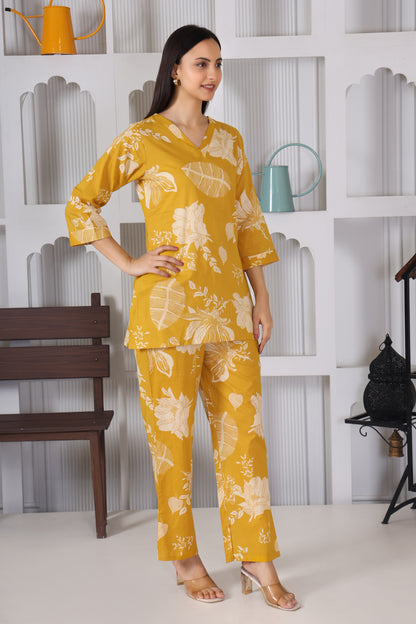 Yellow Leaf and Floral Printed Cotton Co Ord Set