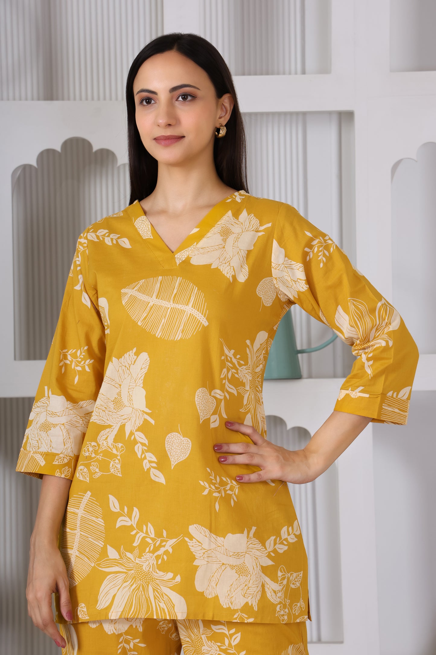 Yellow Leaf and Floral Printed Cotton Co Ord Set
