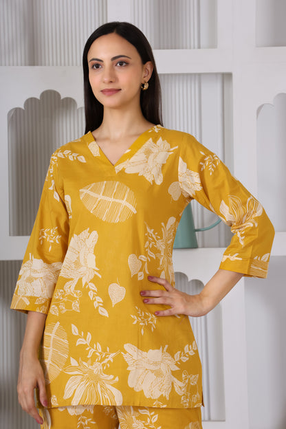 Yellow Leaf and Floral Printed Cotton Co Ord Set