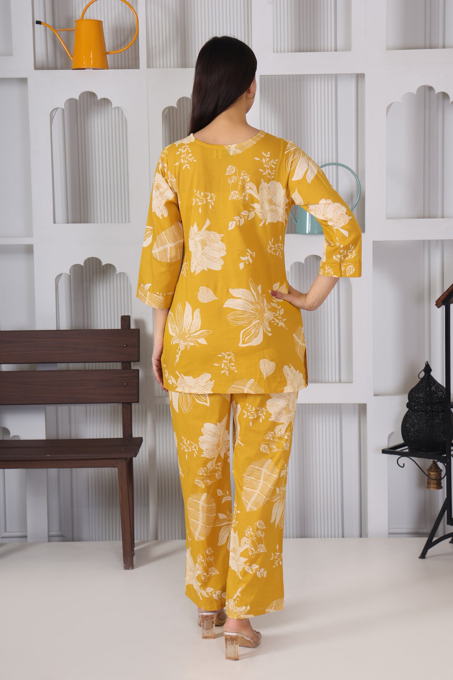Yellow Leaf and Floral Printed Cotton Co Ord Set