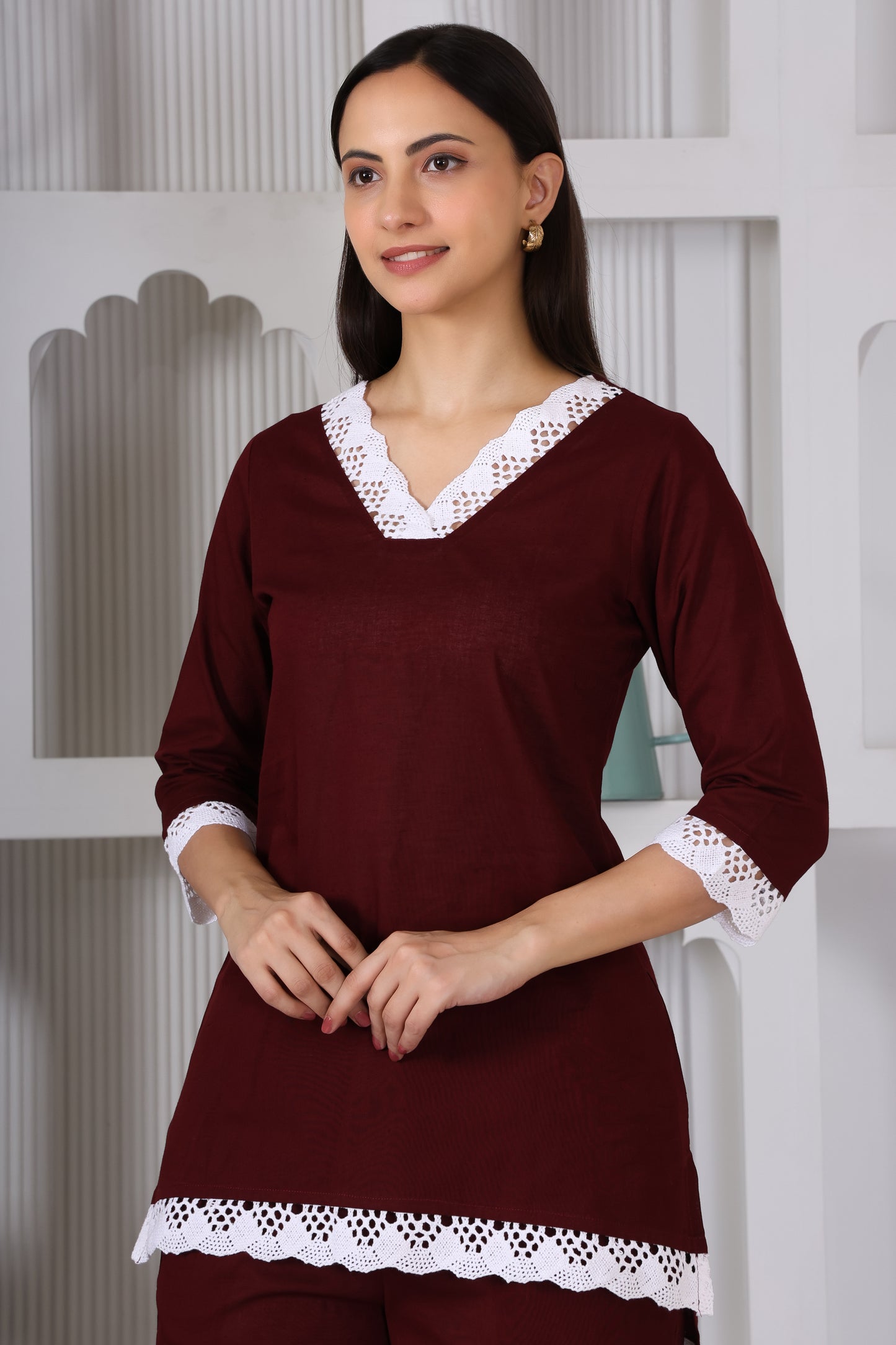 Hosita Elegant Cherry Cotton Co Ord with Lace Embroidery