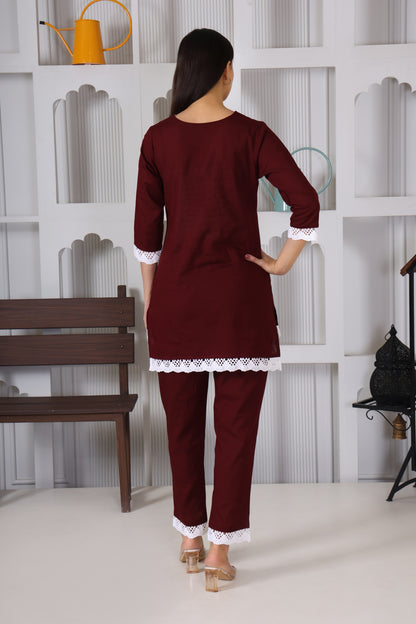 Hosita Elegant Cherry Cotton Co Ord with Lace Embroidery