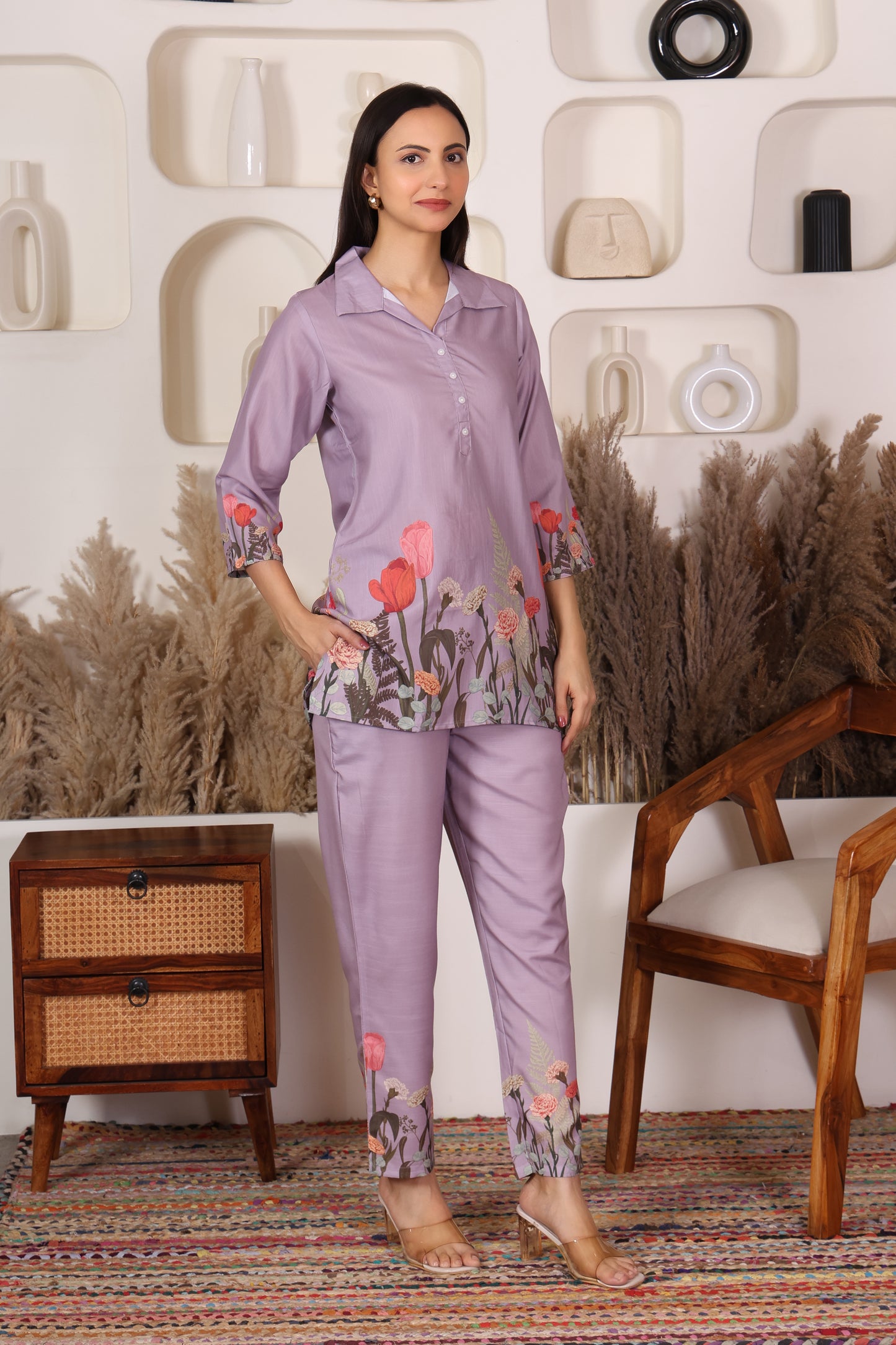 Violet Floral Embroidered Co-ord Set – Summer Bloom Edition