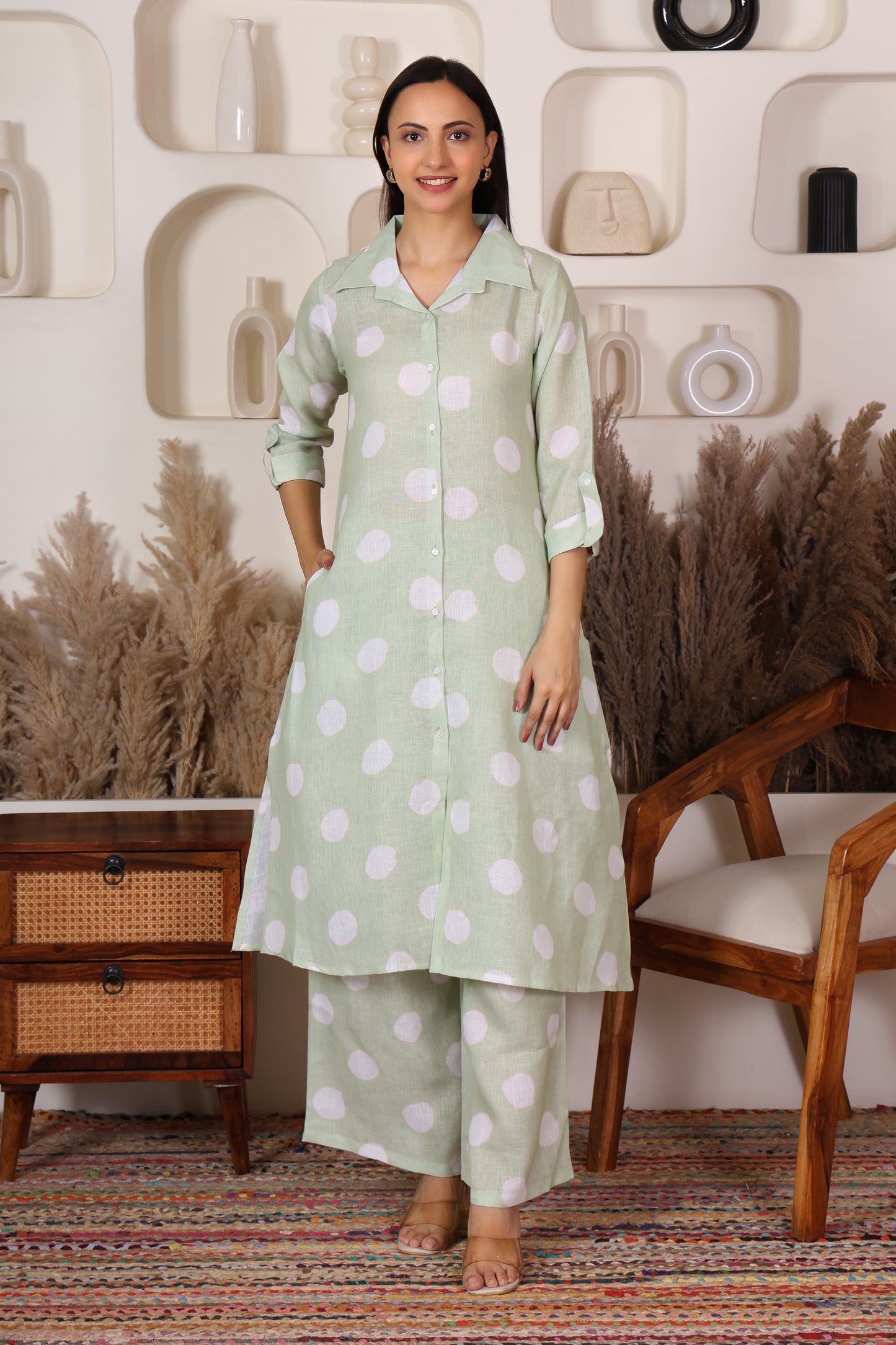 Hosita Pista Green White Polka Dots Printed Long Co-Ord Set