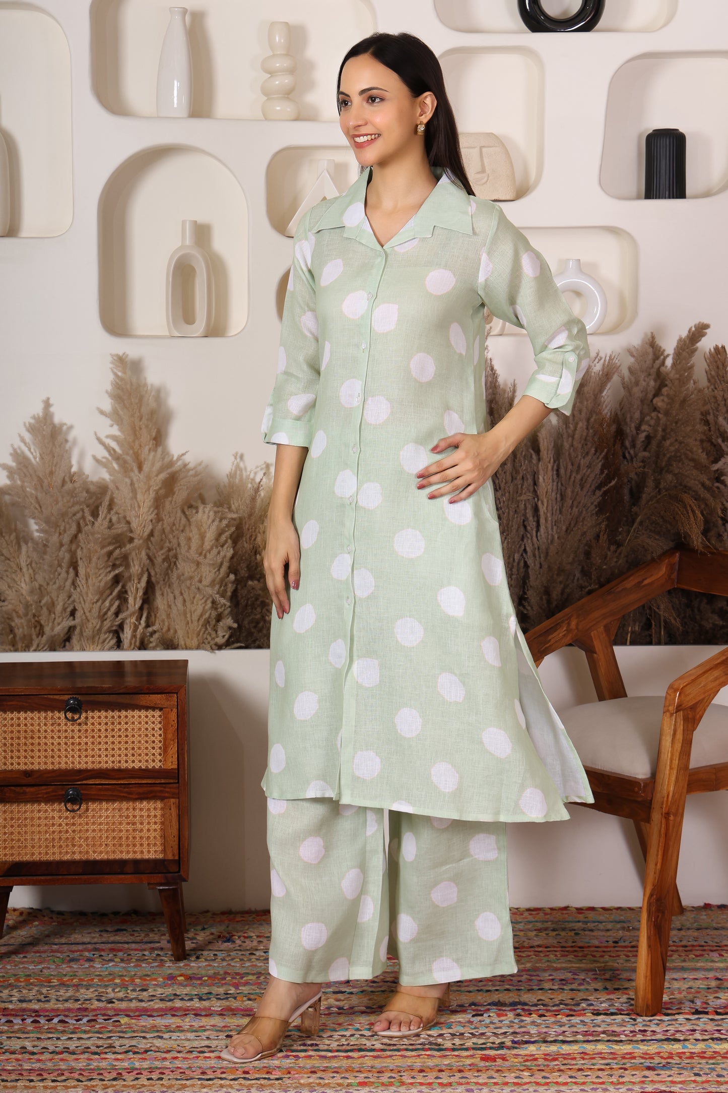 Hosita Pista Green White Polka Dots Printed Long Co-Ord Set
