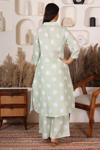 Hosita Pista Green White Polka Dots Printed Long Co-Ord Set