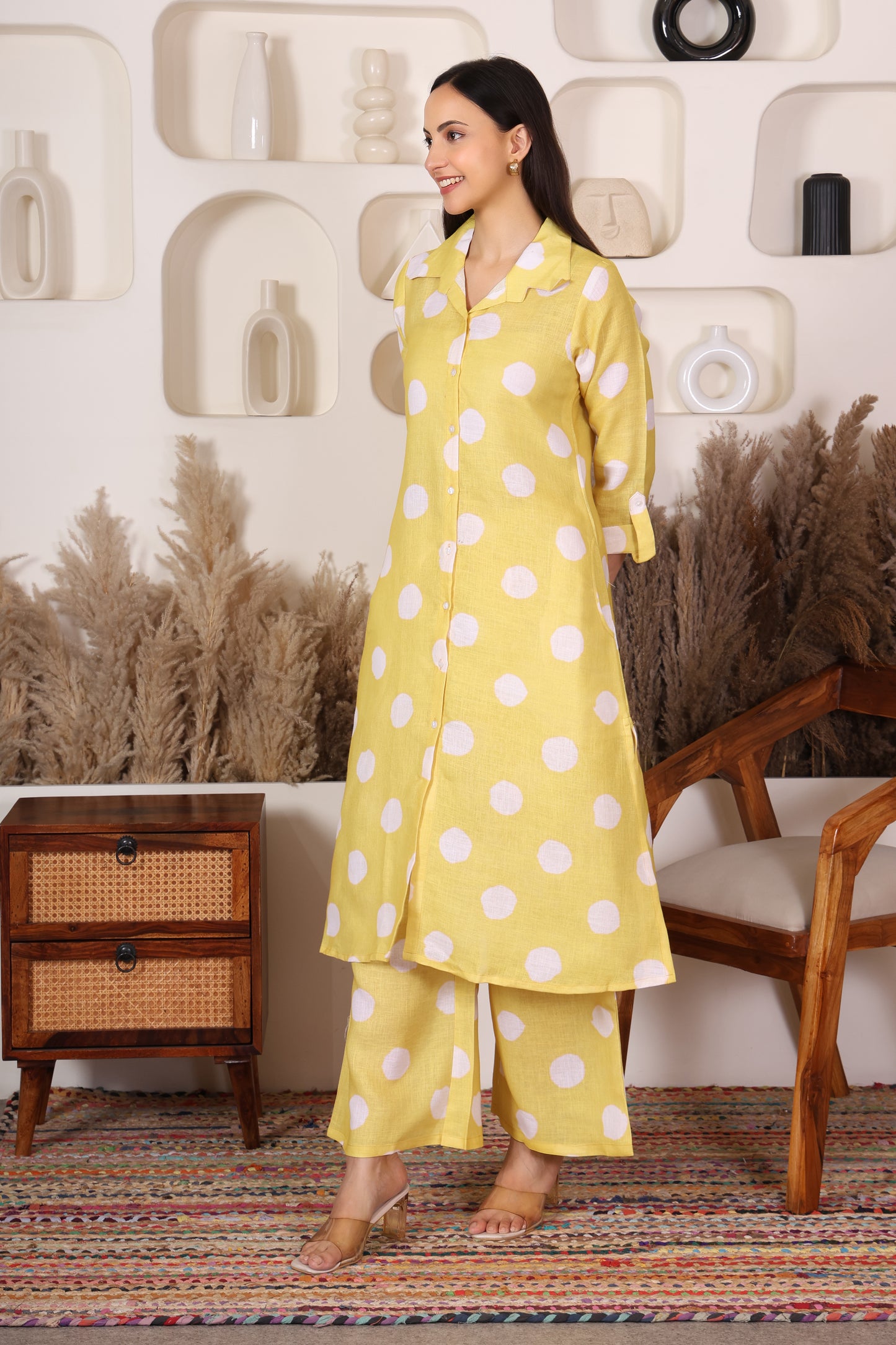 Hosita Lemon Yellow White Polka Dots Printed Long Co-Ord Set