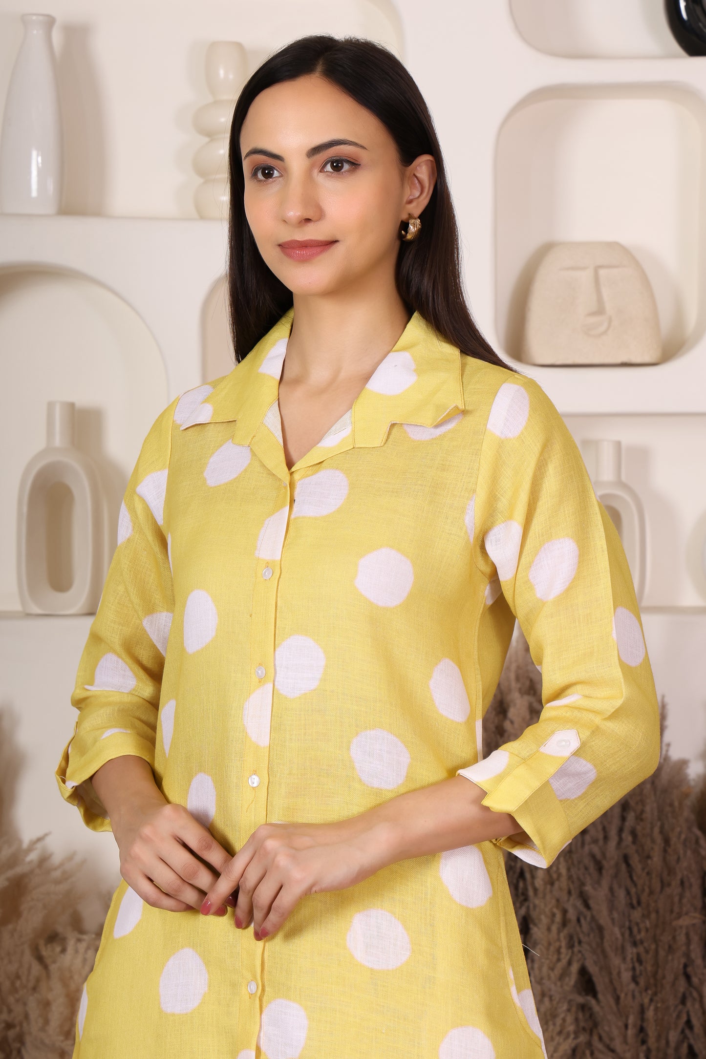 Hosita Lemon Yellow White Polka Dots Printed Long Co-Ord Set