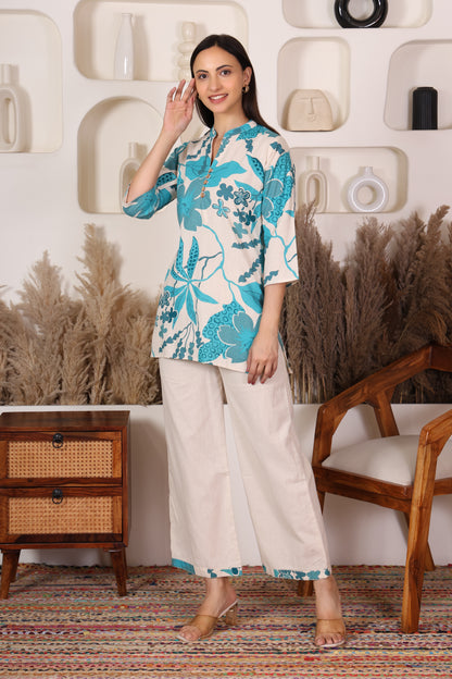 Blue Leaf Print Cotton Co-ord Set – Elegant Look