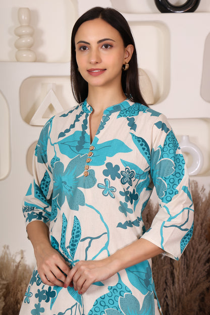 Blue Leaf Print Cotton Co-ord Set – Elegant Look