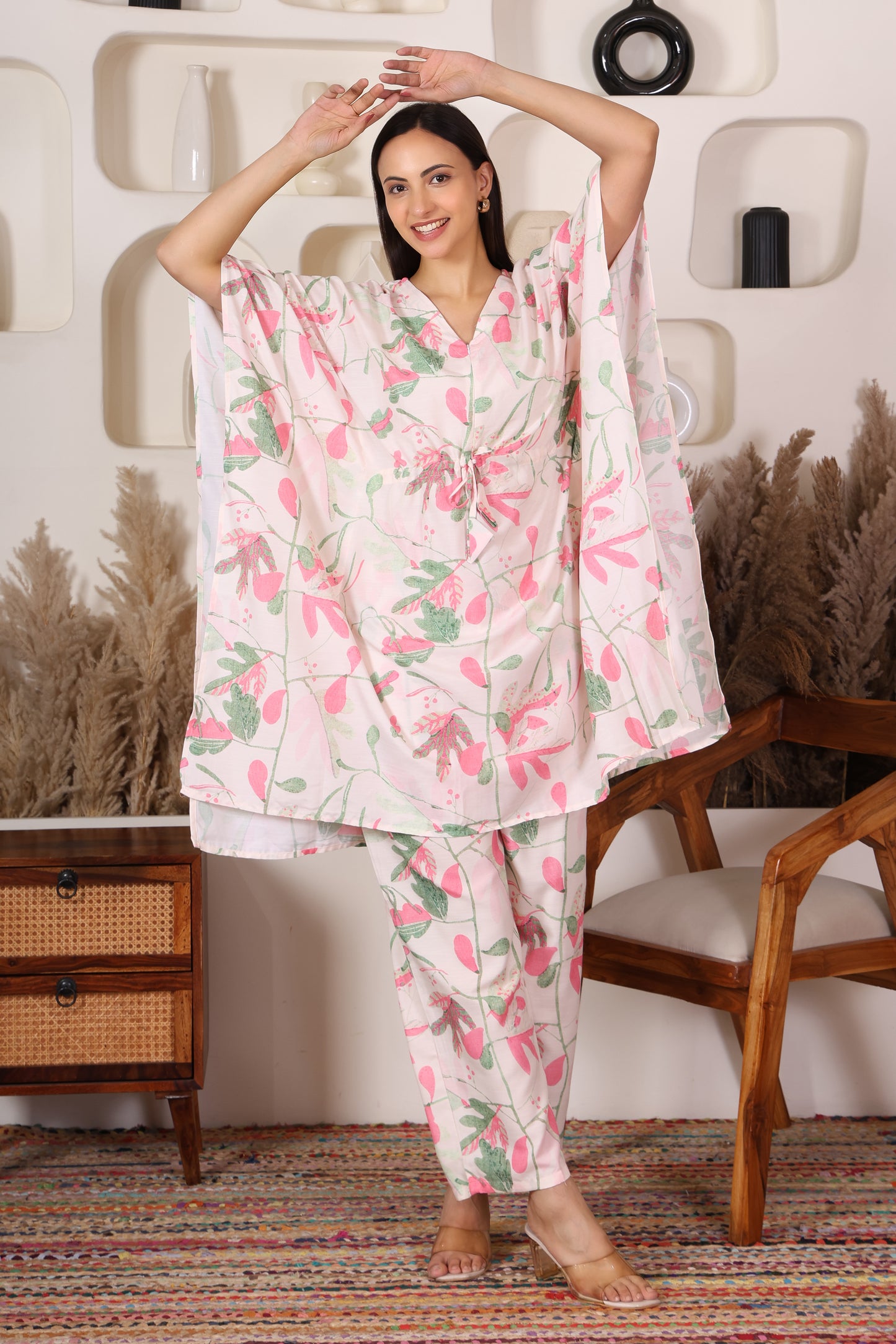 Hosita Stylish Pink Floral Kaftan Co Ord Set
