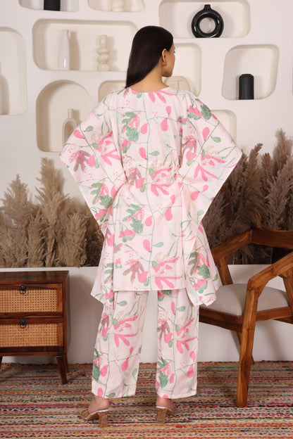 Hosita Stylish Pink Floral Kaftan Co Ord Set