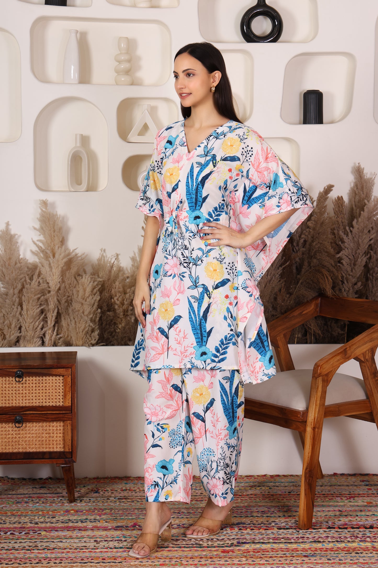 Hosita Vibrant Print with Pink Base Kaftan Co Ord Set